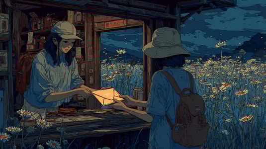 Illustrated scene of two people exchanging a glowing envelope at a small booth in a flower field at night, representing customer service software.