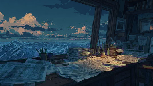 Desk covered with technical plans and papers overlooking mountains, symbolizing help desk software requirements.