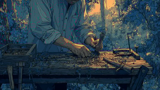Person working with hand tools at a wooden workbench in a forest, representing a self-hosted help desk.