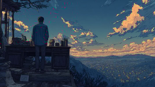 Person standing at a desk overlooking a vast city and sky, symbolizing help desk management.