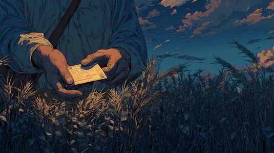 Illustrated hands holding a support ticket over tall grass at dusk beneath a cloudy evening sky.