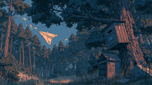 Illustration of a paper note flying through a forest toward a wooden report inbox.
