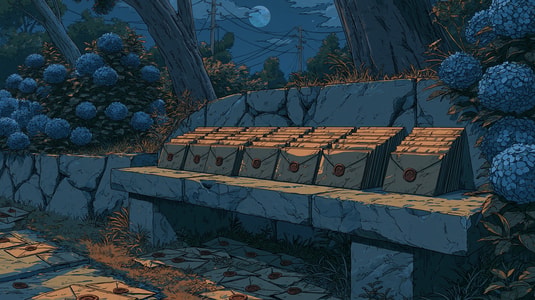 Illustration of organized paper reports filed in outdoor folders along a moonlit garden path.