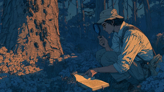 Illustration of a researcher observing insects on a tree while taking notes in a forest.