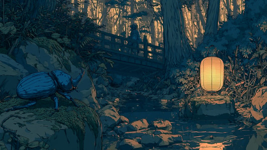 Illustration of a blue beetle near a forest stream with a glowing lantern and wooden bridge at dusk.