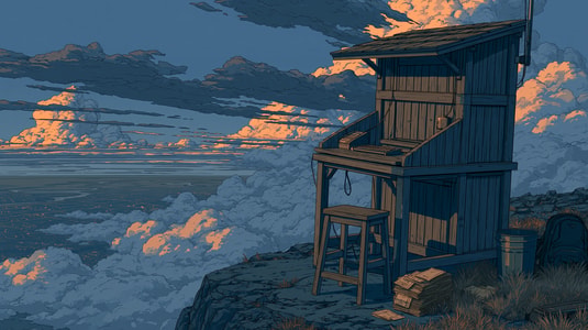Illustration of a small wooden help desk booth perched on a cliff above the clouds at sunset, with warm orange light reflecting across the sky and ocean-like cloudscape.