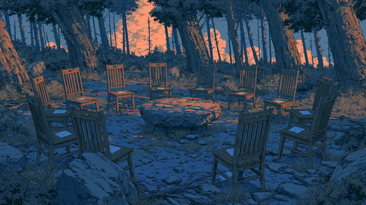 Illustration of empty chairs arranged around a stone table in a forest meeting area at sunset representing a customer advisory board.
