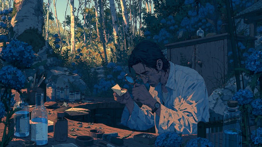 Illustration of a researcher examining a paper bug report with a magnifying glass at an outdoor forest desk.