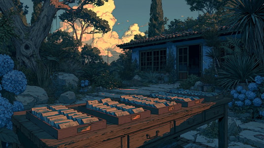 Illustration of organized report cards filed in wooden trays on an outdoor desk at sunset.