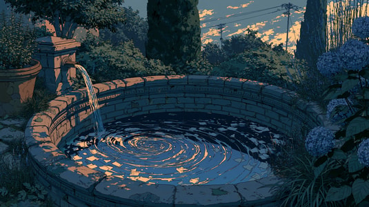 Illustration of a circular garden fountain representing a customer feedback loop, with water flowing in and rippling outward.