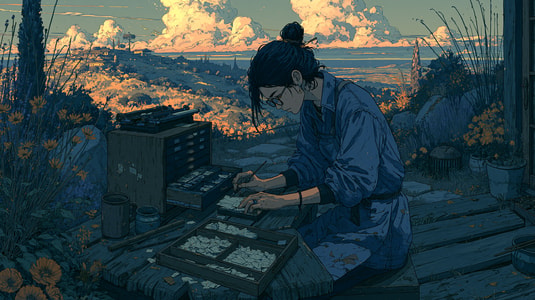 Illustration of a person organizing handwritten customer feedback notes into trays on an outdoor desk at sunset.