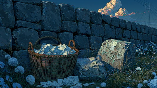 Illustrated wicker basket full of paper notes beside a stone wall, with scattered tickets on rocks and blue flowers at dusk.