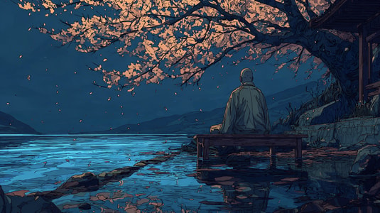 Person sitting on a bench by a quiet lake under cherry blossoms at dusk