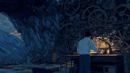 Illustration of a person fixing complex machinery in a dark cave, symbolizing customer support operations turning messy systems into scalable workflows.