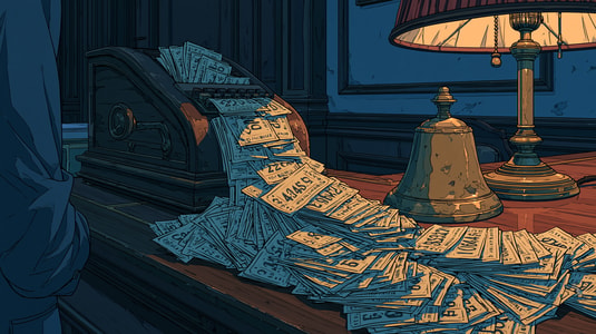 Illustration of ticket slips spilling out of a cash register onto a desk, representing customer support ticketing software.