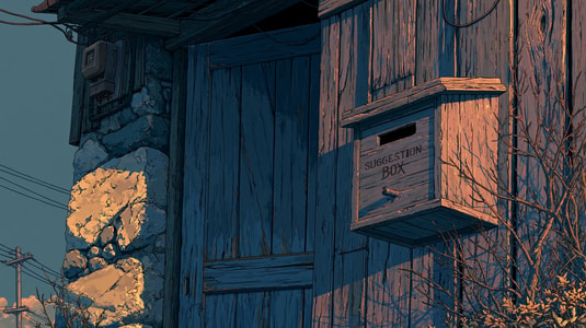 Illustrated wooden suggestion box mounted on a rustic wall at sunset, representing employee feedback collection and workplace suggestions.
