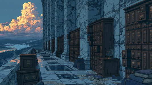 Illustrated archive hall with rows of filing cabinets, tall marble columns, and a sunset mountain view, representing enterprise feedback management.