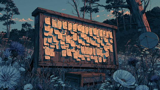 Illustrated feedback board covered with sticky notes in a quiet outdoor setting at dusk, representing collected ideas and user feedback.