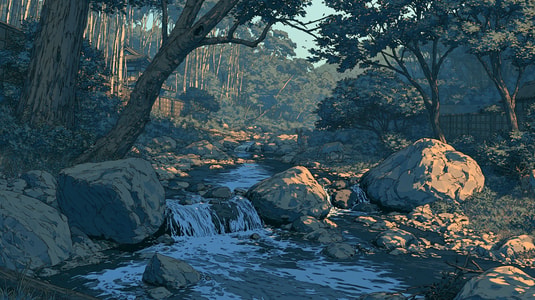Illustrated forest stream with rocks, small waterfalls, and soft sunlight through the trees, representing a calm flow of feedback or ideas.