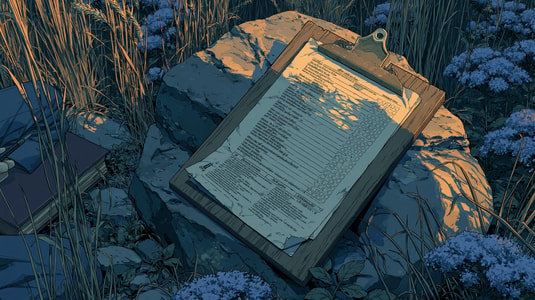 Illustrated clipboard with a checklist resting on rocks in tall grass, representing organized feedback collection and review.