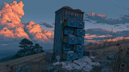 Illustrated filing cabinet standing outdoors at sunset, representing organized feedback records, customer insights, or stored requests.
