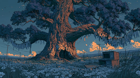 Illustration of a massive old tree in a grassy field at dusk, with a small vintage computer sitting nearby under the branches.