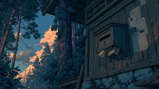 Illustrated wooden suggestion box mounted on a cabin wall in a forest at sunset, representing anonymous feedback and collected ideas.