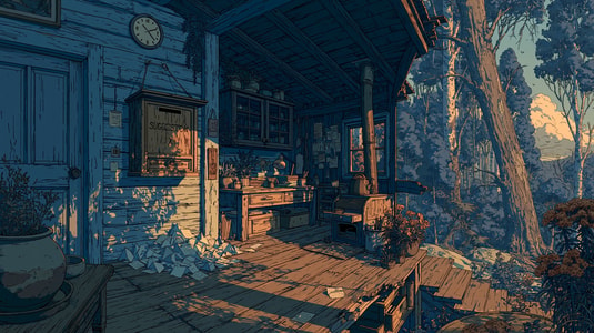 Illustrated rustic workshop porch at sunset with papers, tools, and shelves, representing collected feedback, ideas, and review workflows.