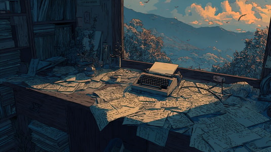Illustrated desk with papers, a typewriter, and mountain view.