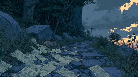Illustrated stone path covered with scattered papers at dusk, representing unorganized feedback, missed requests, or ideas that need review.