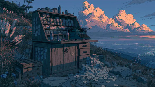 Illustrated outdoor filing desk on a hillside at sunset, representing organized feedback, customer requests, and idea management.