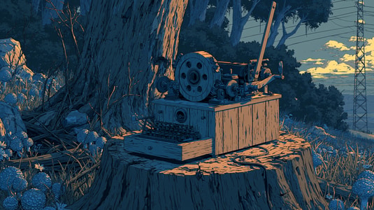 Illustrated ballot box with voting tokens on a tree stump at dusk, representing feedback voting, prioritization, and customer input.
