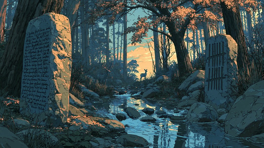 Illustrated forest stream between two stone tablets, representing qualitative and quantitative feedback flowing together into customer insights.