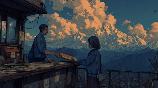 Anime-style customer support scene with an agent helping a customer against a mountain backdrop.
