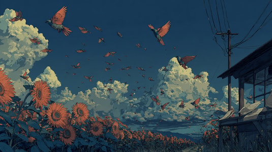 Illustration of orange birds flying over a sunflower field at dusk, with large clouds in the sky and a house on the right.