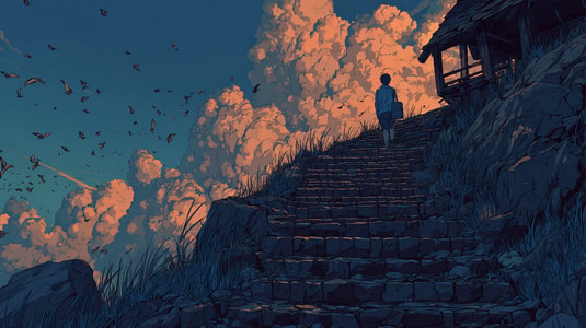 Illustration of a person climbing stone steps toward a house on a cliff, with dramatic clouds and birds in the background.