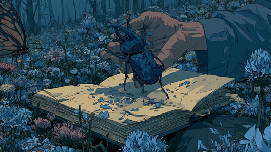 Illustration for “what is a bug report” showing a hand holding a blue beetle over an open field notebook.