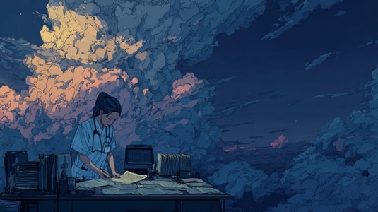 Illustration of a healthcare support worker reviewing patient documents at a desk with a cloud-filled background