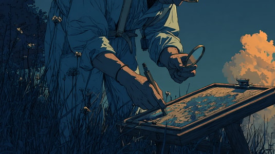 Close-up illustration of a person using a magnifying glass and pen to inspect a document on a wooden table outdoors.