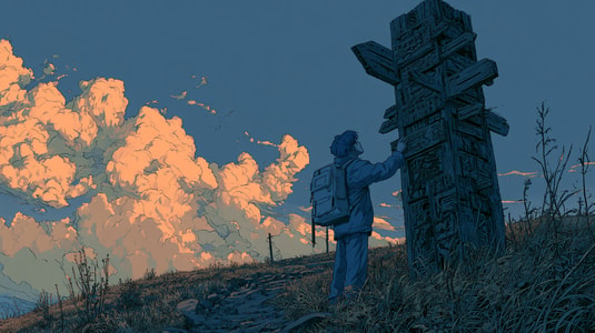Illustration of a person standing by a tall wooden signpost on a grassy hill at sunset, with large glowing clouds in the background, used as the feature image for an Aha! review article.