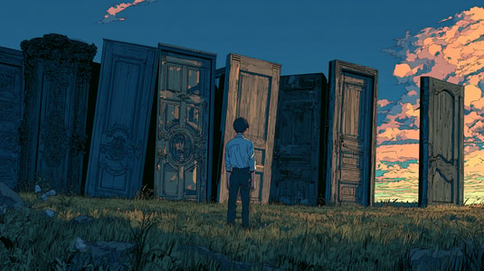 Illustration of a person standing in front of several open doors in a grassy field at sunset, representing different chatbot alternatives and competitors.