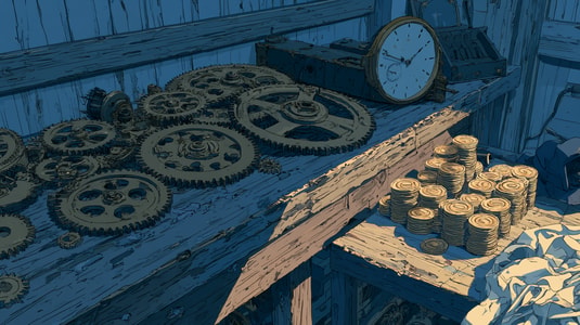 Illustration of clock gears, coins, and a vintage clock on wooden shelves, representing ChatBot.com pricing and costs.