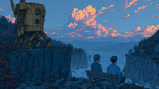 Two people sitting near a robot and looking over a canyon.