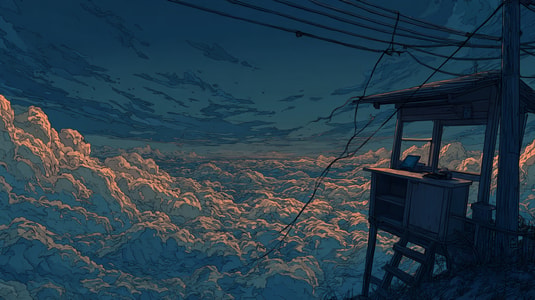 Cloudy sunset sky with a small wooden lookout station and power lines, used as the hero image for an article about cloud-based customer service software.