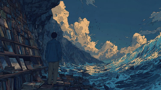 Illustration of a person beside a library wall facing a stormy sea, representing customer self-service software and knowledge bases.