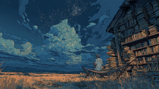 A person sits in a hammock beside a tall bookshelf under a starry night sky, overlooking a golden field and dramatic clouds.