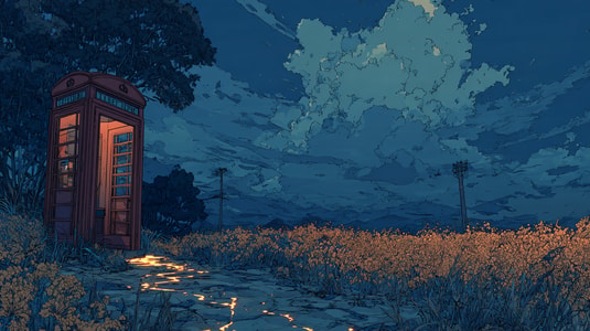 Red phone booth glowing beside a flower field under a dramatic night sky.