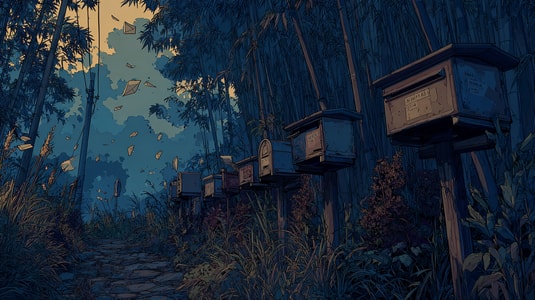 Mailboxes lined along a forest path with letters flying through the air.