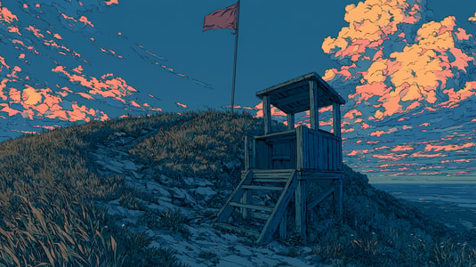 Anime-style lookout tower with a flag on a hill, used as a feature image for customer service goals and examples.