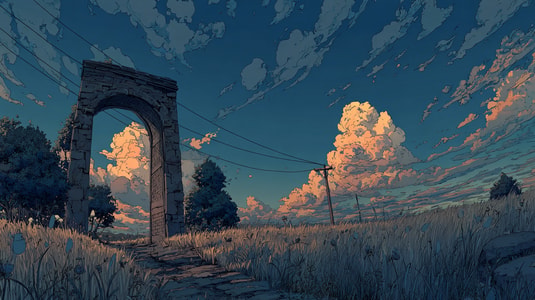 Stone doorway in a grassy field under a dramatic blue sky with glowing sunset clouds.